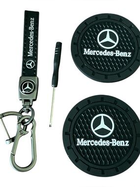 Mercedes Benz Black Keychain & Car Coaster (2 pc) Accessories Set